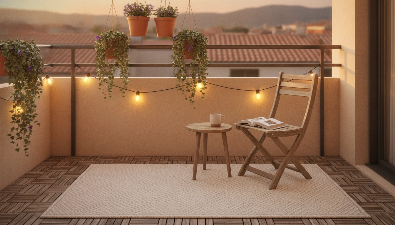 Aménagement réussi d'un coin détente sur balcon de moins de 5m2 avec des plantes et mobilier pliable