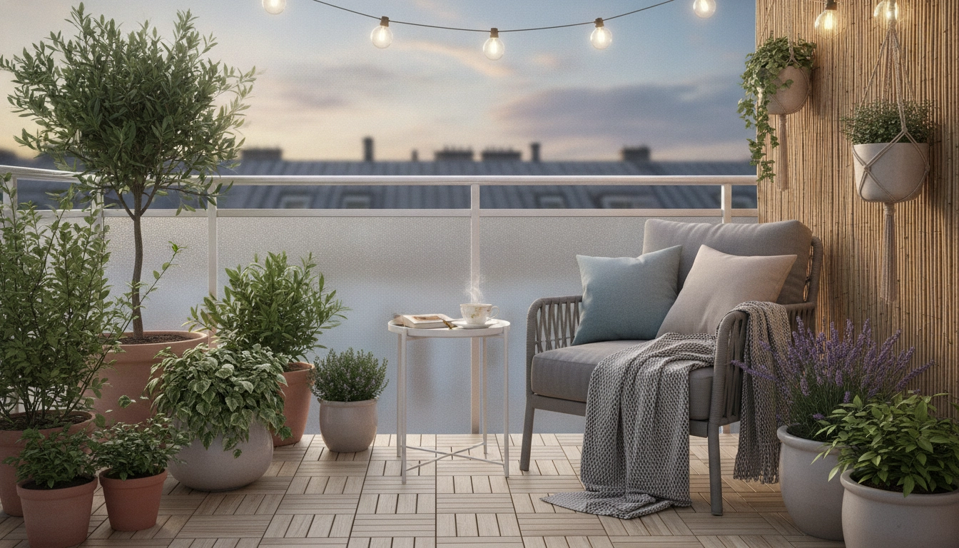 Un coin détente sur balcon de moins de 5m2 aménagé avec des plantes et un fauteuil confortable