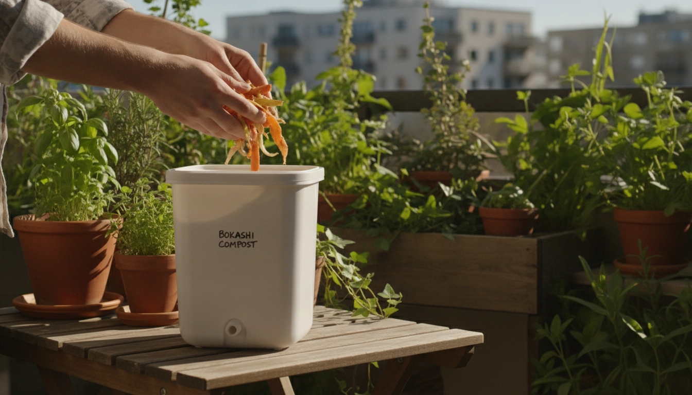 Une personne apprend comment utiliser le compost bokashi sur balcon potager avec des épluchures de légumes.