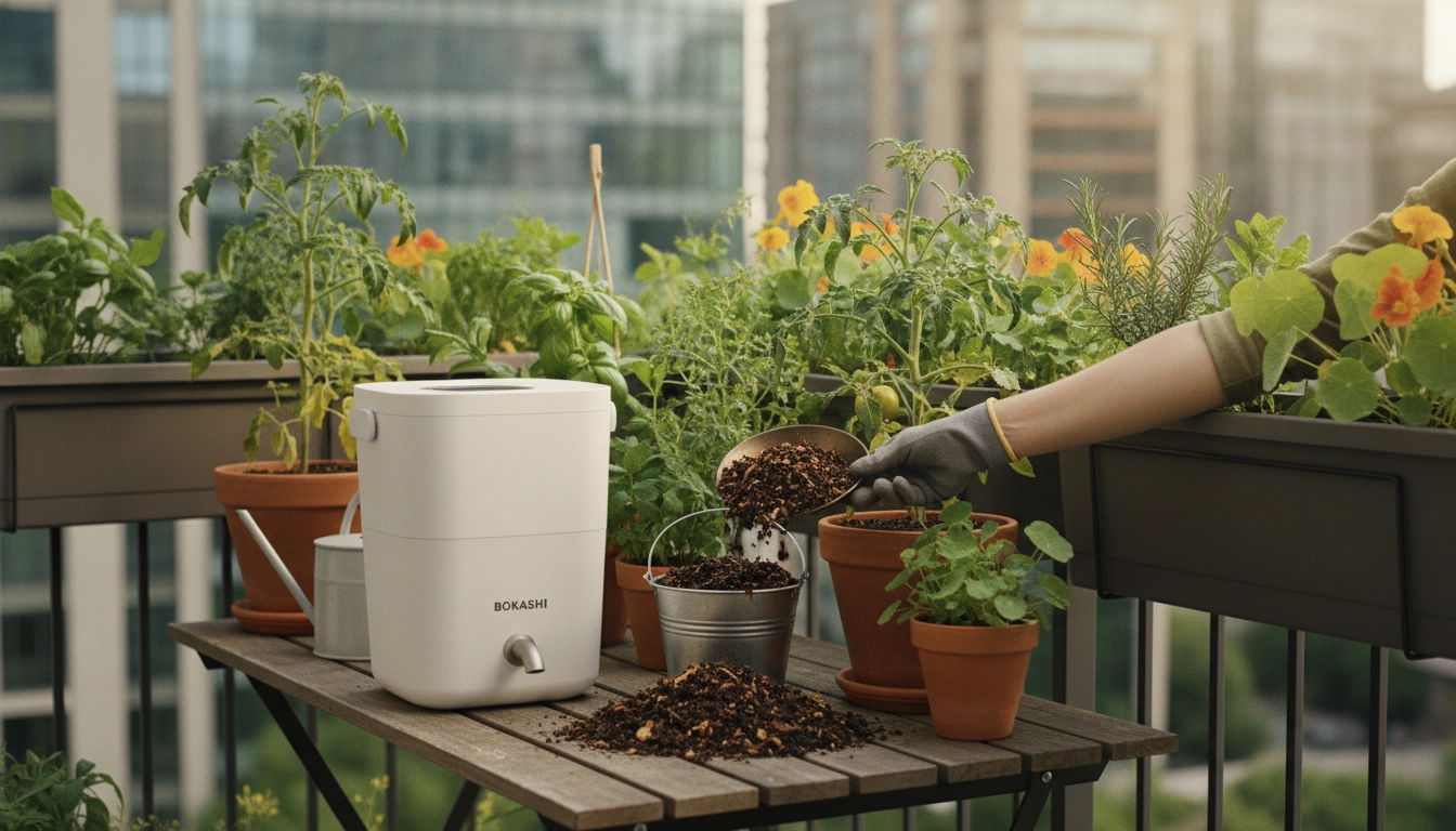 Un potager urbain sur balcon avec des légumes sains nourris par du compost bokashi