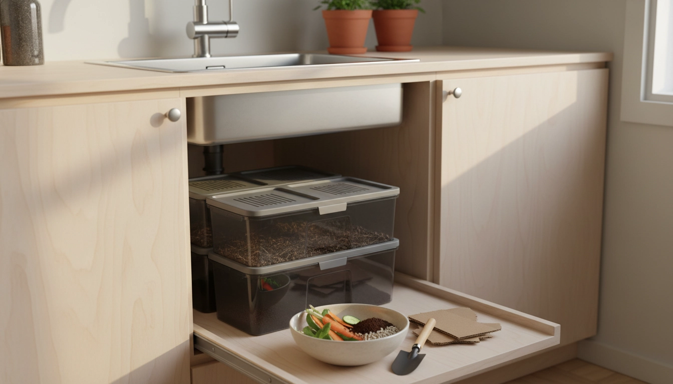Lombricomposteur compact pour le compostage en appartement installé sous un évier de cuisine