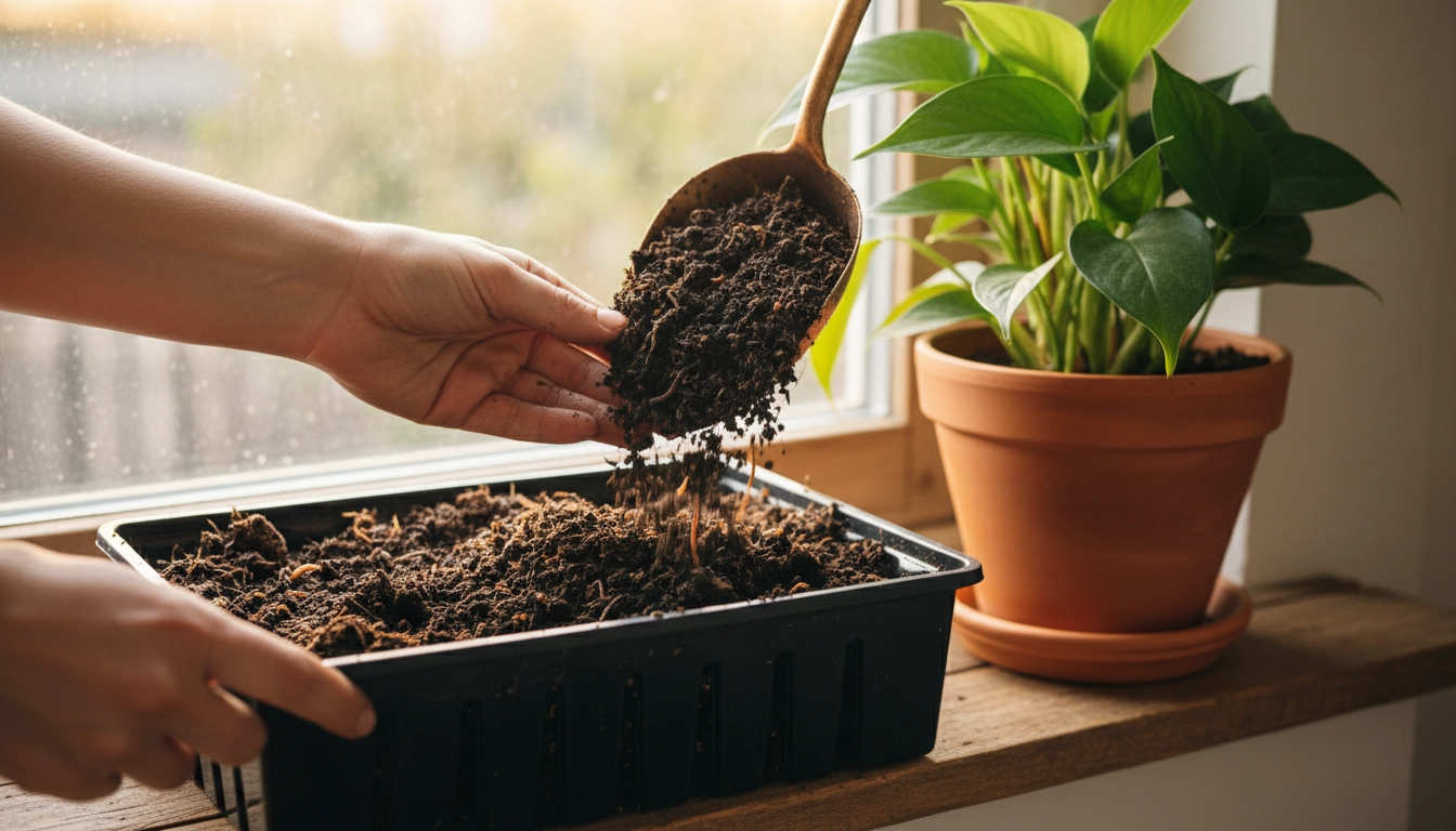 Utilisation du compost mûr produit par le compostage en appartement pour fertiliser une plante d'intérieur