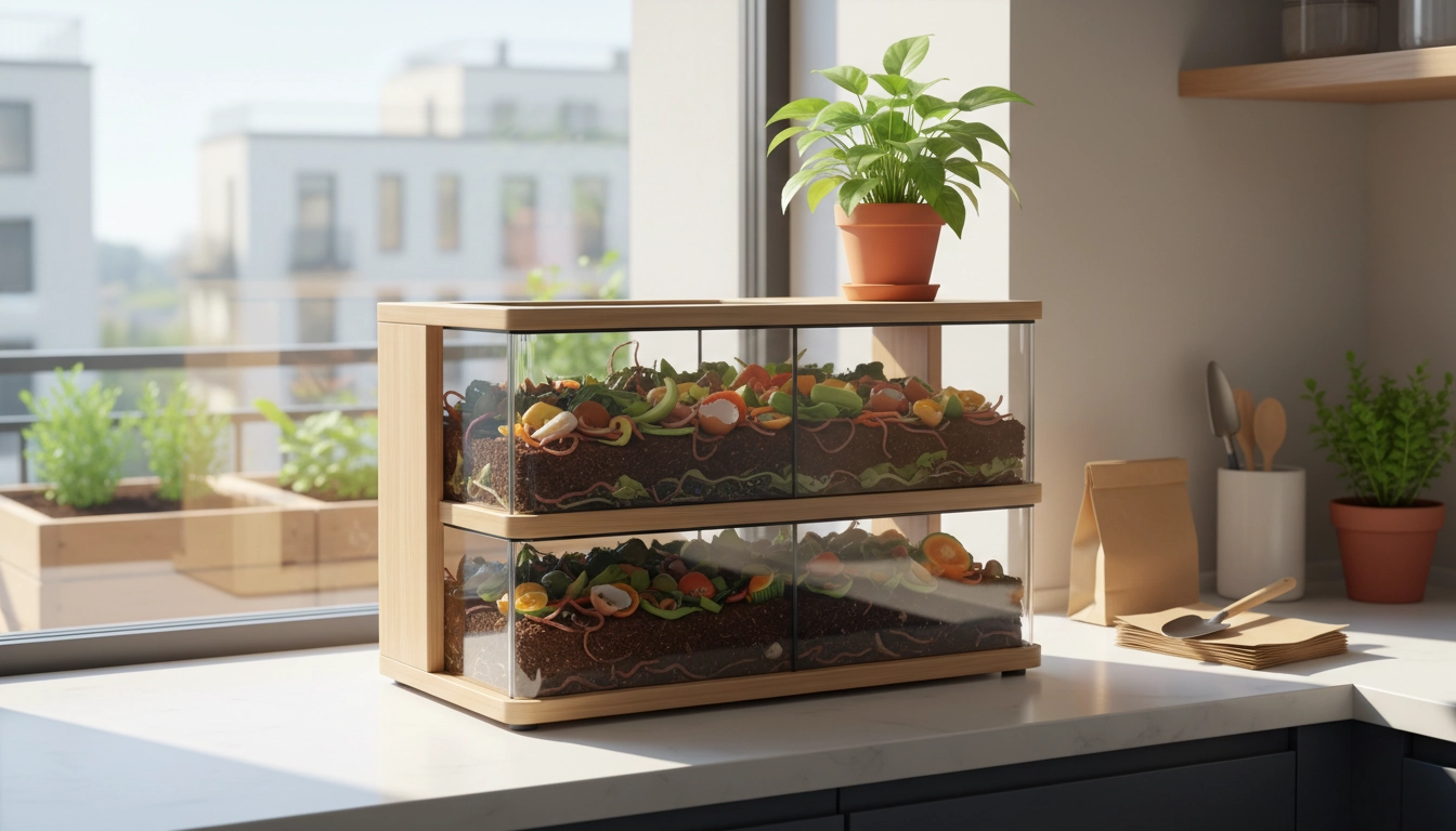 Compostage en appartement avec un lombricomposteur compact posé sous un évier de cuisine moderne