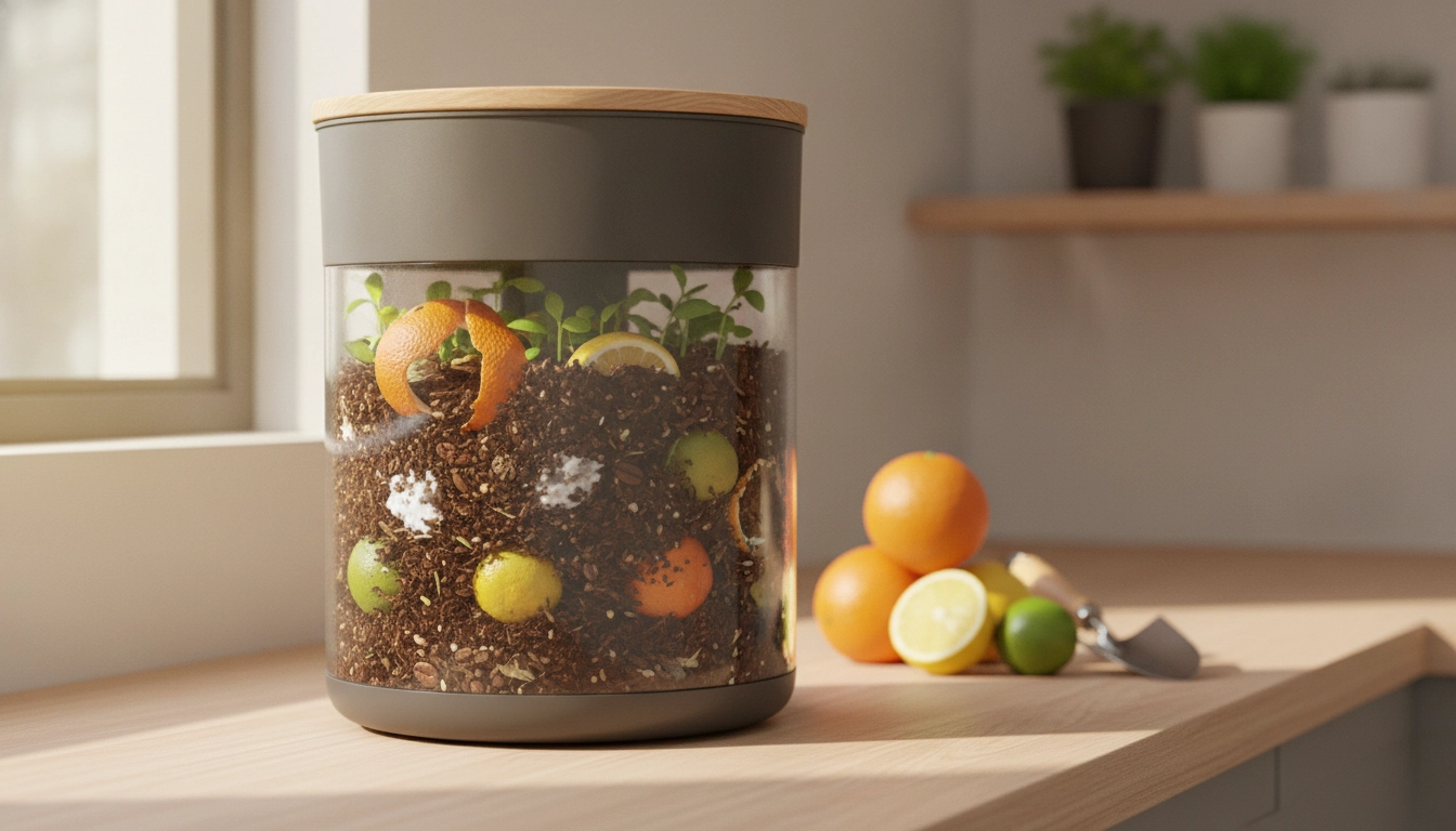 Une personne ajoutant prudemment des écorces d'agrumes dans un bac de compostage domestique, illustrant si peut-on composter les agrumes en appartement.