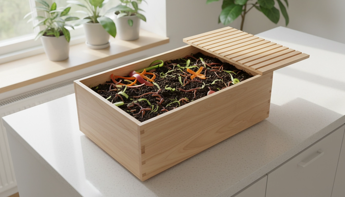 Vermicomposteur en bois ouvert avec des vers rouges et des épluchures de légumes pour composter sans odeur en appartement