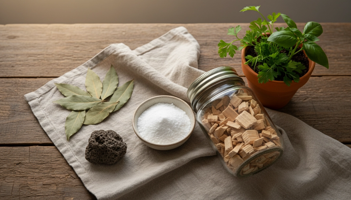 Ingrédients naturels pour neutraliser les odeurs d'un composteur d'appartement : bicarbonate, feuilles de laurier, copeaux de bois