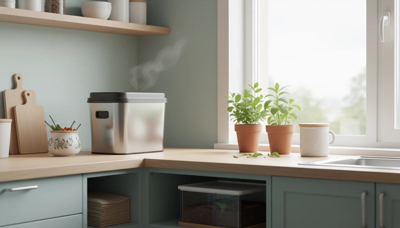 Composteur d'appartement compact sur un plan de travail de cuisine moderne, composter sans odeur en appartement