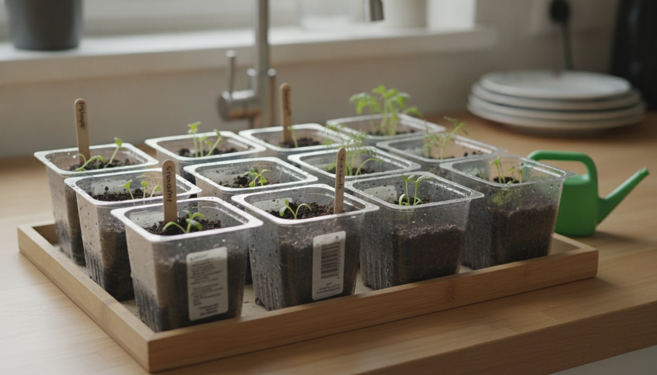 Des pots de yaourt et barquettes servant de contenants recyclés pour faire des semis en intérieur
