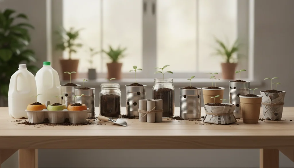 Utilisation de contenants recyclés pour faire des semis en intérieur sur un rebord de fenêtre ensoleillé