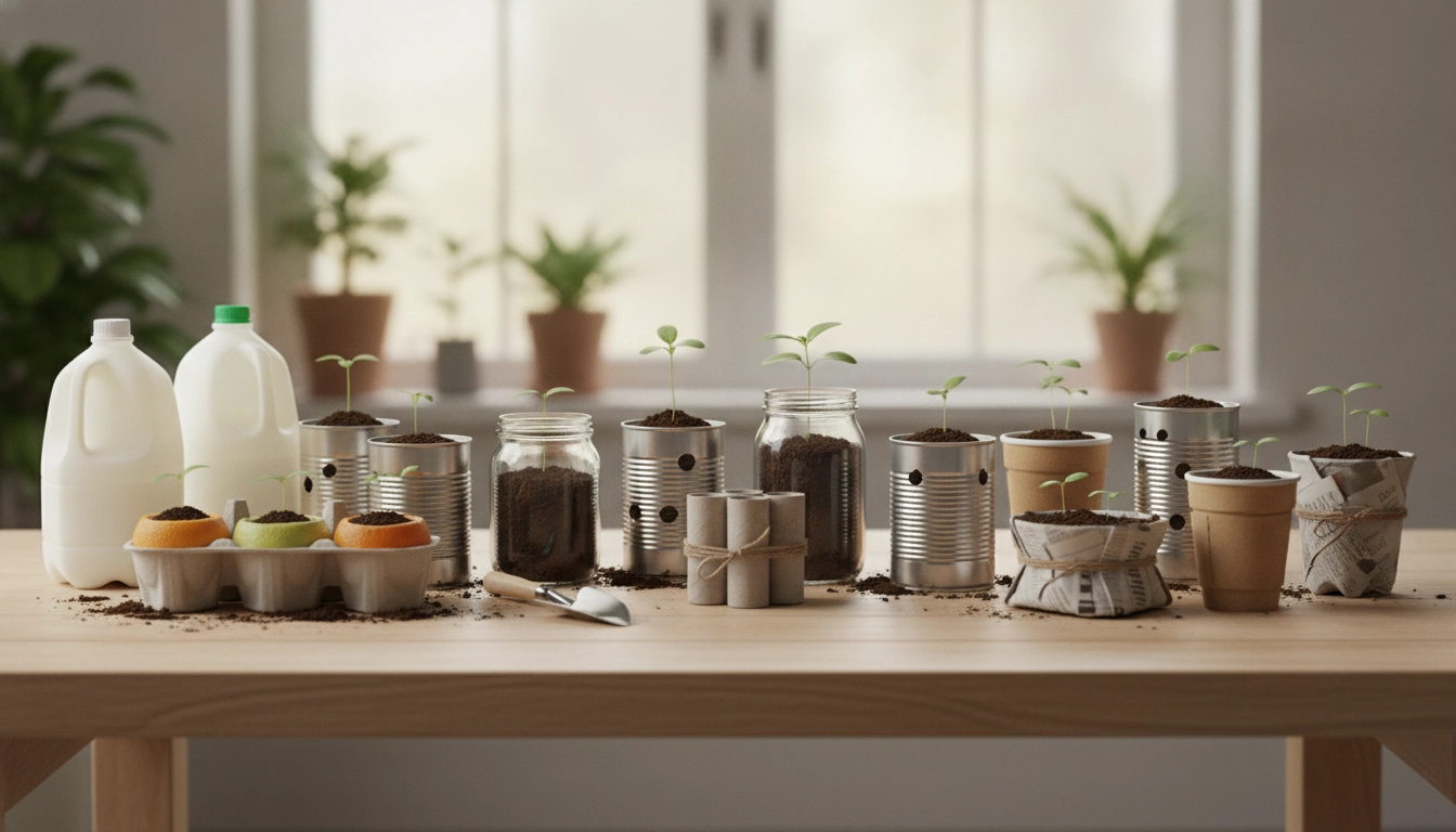 Utilisation de contenants recyclés pour faire des semis en intérieur sur un rebord de fenêtre ensoleillé