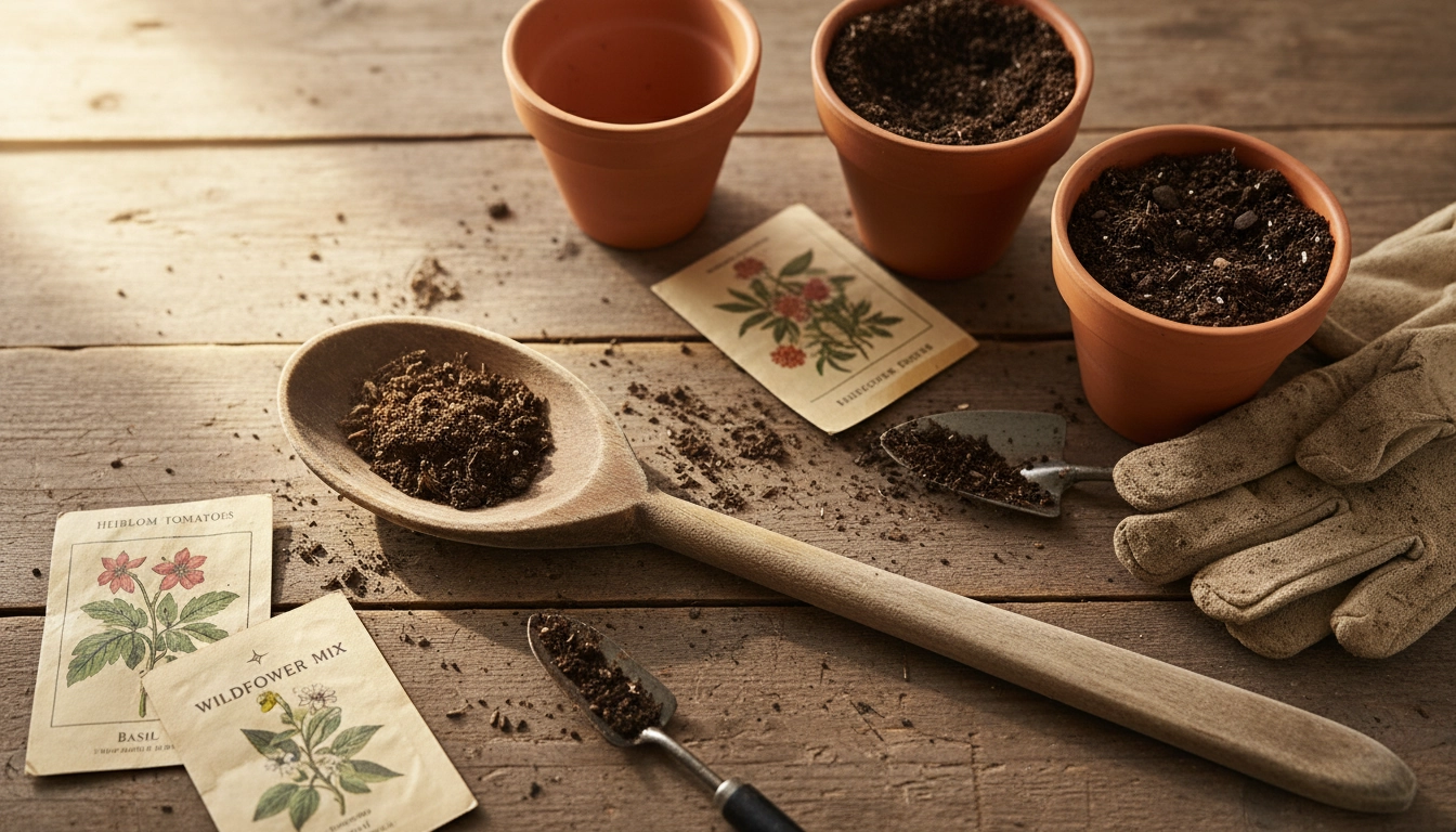 Cuillère en bois posée sur une table avec de la terre et des graines, prête à transformer une cuillère en bois en outil de jardinage pour balcon
