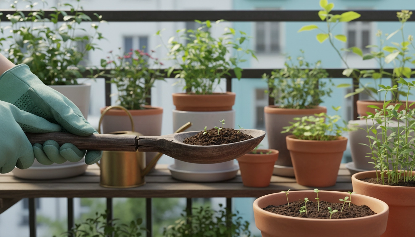 Vieille cuillère en bois posée sur une jardinière de balcon, illustrant comment transformer une cuillère en bois en outil de jardinage