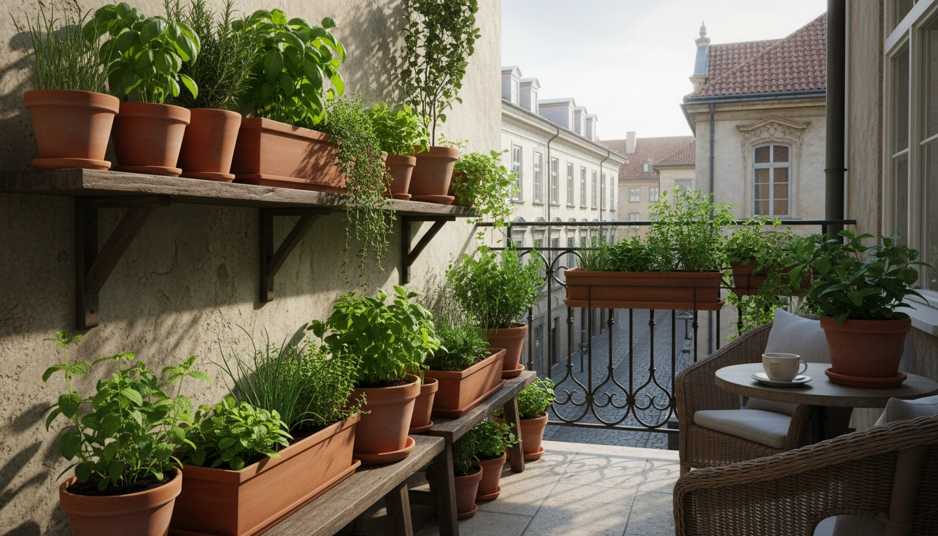 Balcon fleuri avec de nombreux pots d'herbes aromatiques variées, idéal pour cultiver herbes aromatiques en pot balcon toute l'année