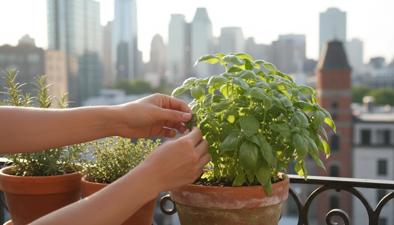 Récolte de feuilles de basilic frais dans un pot sur le balcon, geste essentiel pour entretenir ses herbes aromatiques en bonne santé
