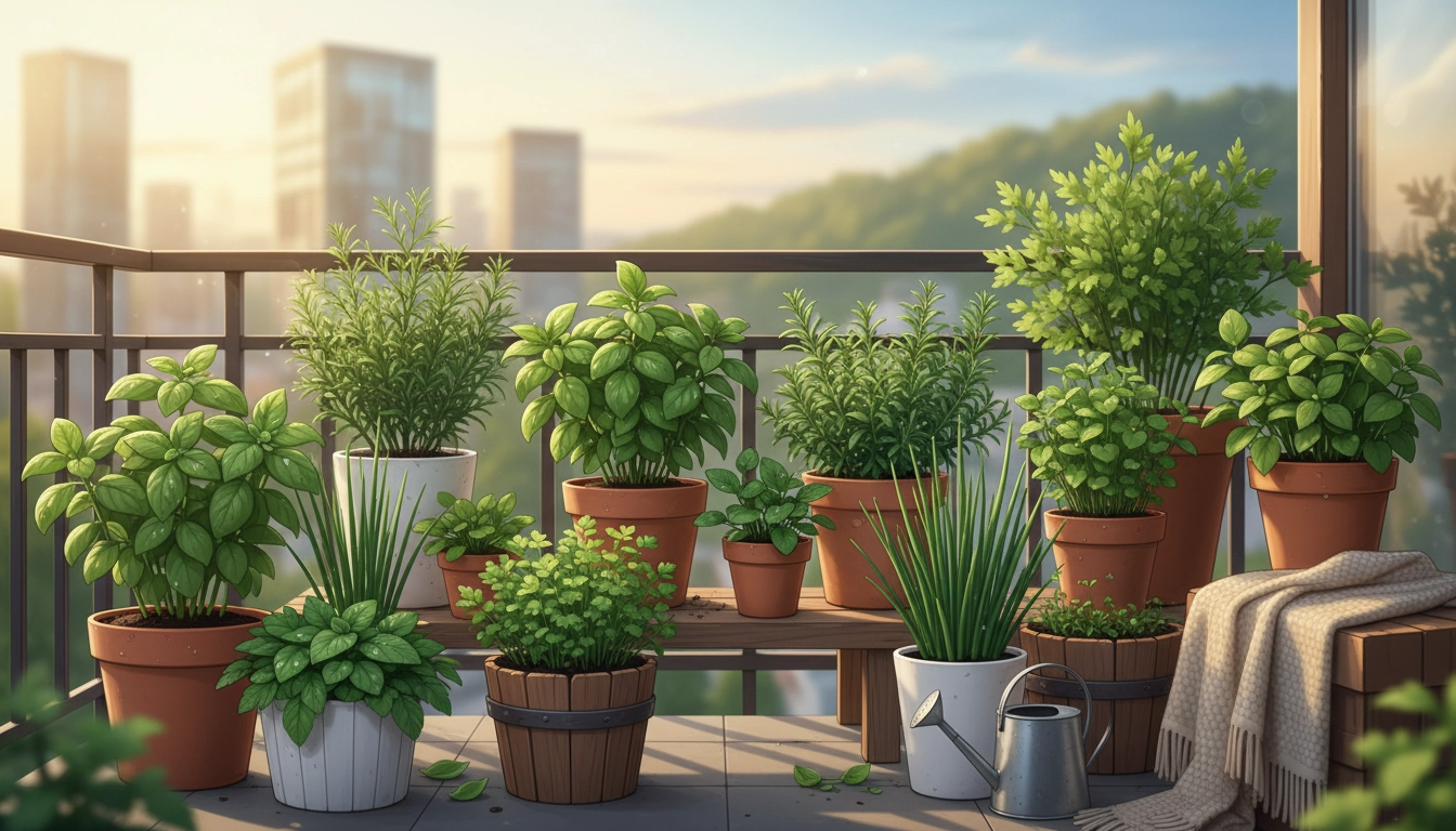 Pots d'herbes aromatiques variées sur un balcon ensoleillé, illustration de la culture d'herbes aromatiques en pot sur le balcon toute l'année