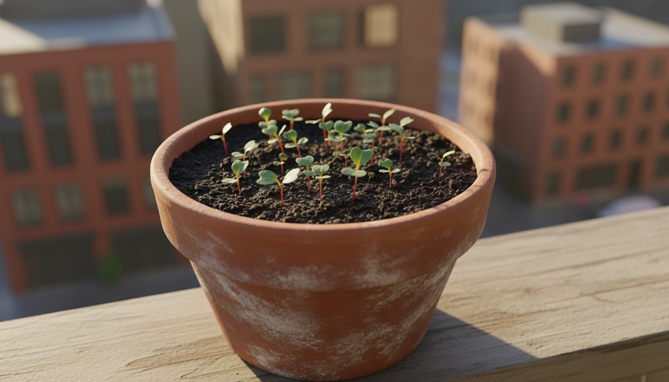 Jeunes pousses de radis germant dans un pot en terre cuite sur un balcon, début de culture pour cultiver des radis en pot sur le balcon