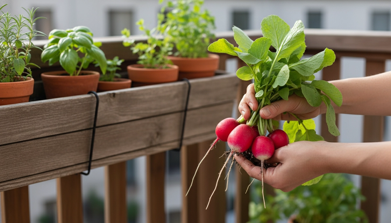 Récolte de radis ronds et croquants tirés d'une jardinière de balcon, résultat de plusieurs semaines pour cultiver des radis en pot sur le balcon
