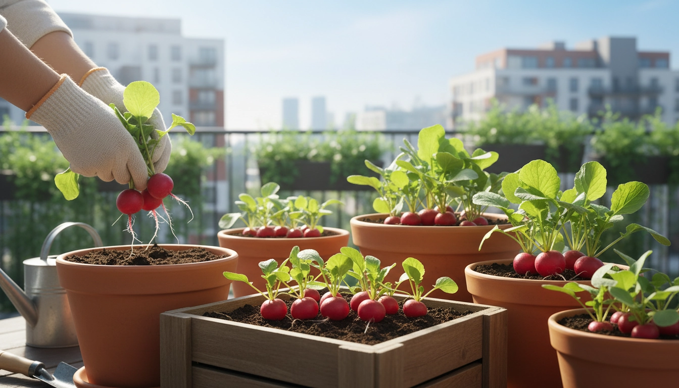 Pot de radis ronds et colorés en train de pousser sur un balcon ensoleillé, illustration de la culture de légumes en milieu urbain