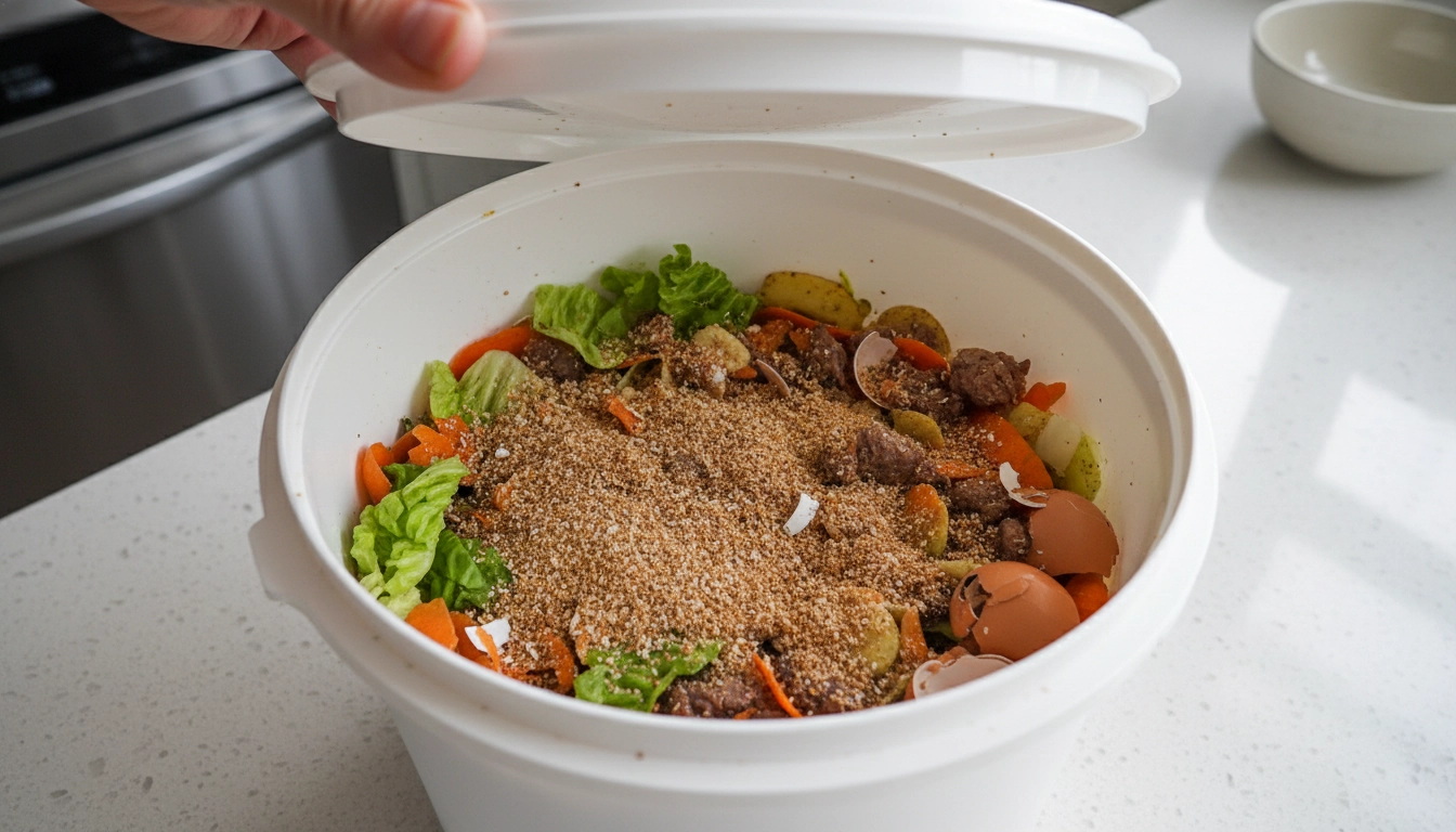 Guide visuel sur quels déchets ne pas mettre dans le bokashi avec un seau de fermentation ouvert en cuisine