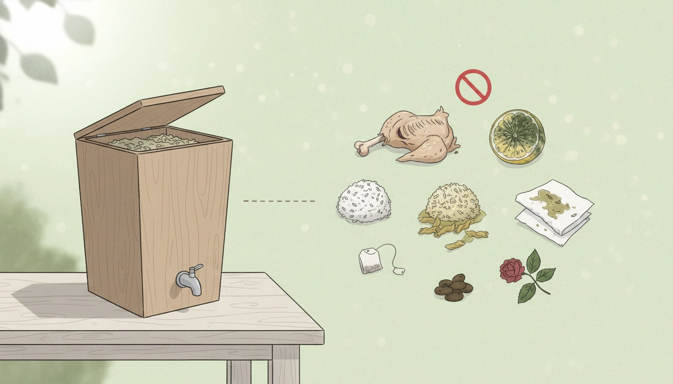 Seau bokashi avec des déchets alimentaires variés prêts à être fermentés en appartement