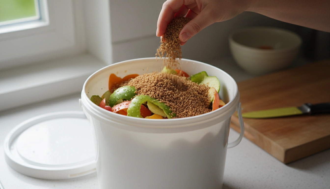 Saupoudrage de son bokashi sur des déchets alimentaires pour une fermentation efficace et sans odeur en appartement