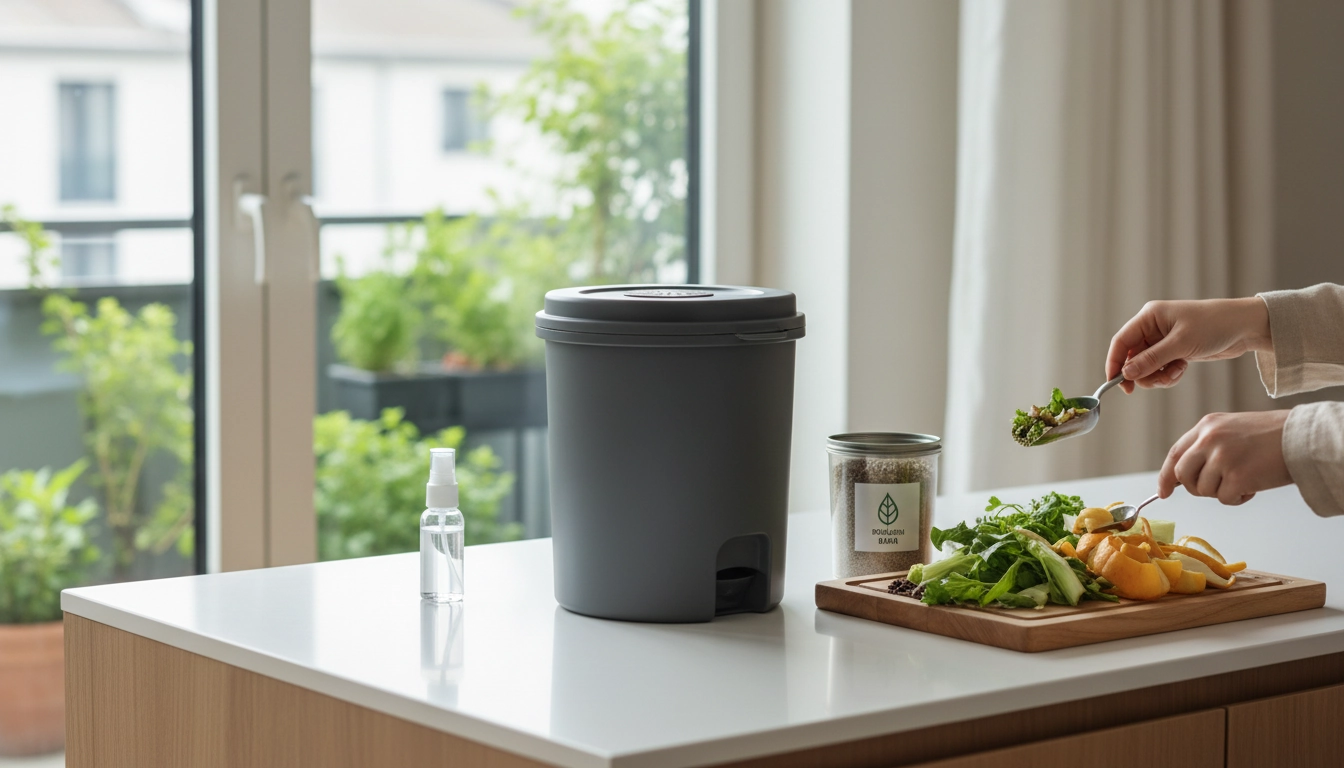 Seau bokashi hermétique posé sous un évier de cuisine en appartement pour un compostage sans odeur