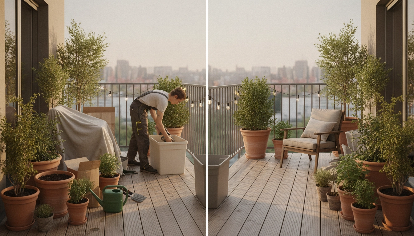 Un balcon propre et bien rangé après avoir utilisé des désencombrer balcon trop chargé astuces.