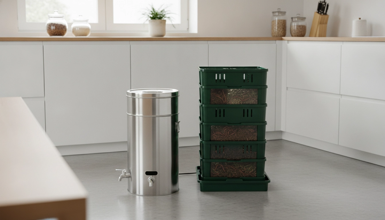 Illustration montrant la différence entre bokashi et composteur classique appartement dans une cuisine moderne