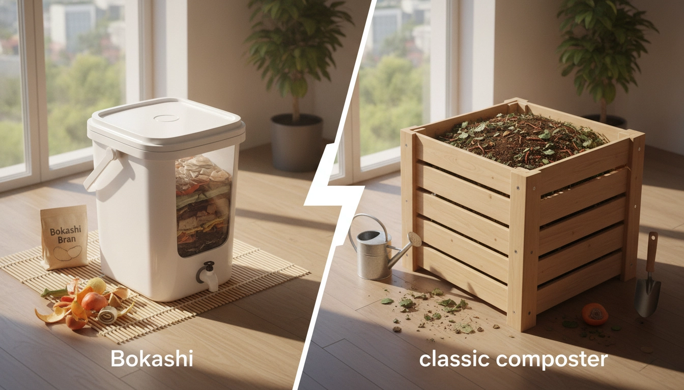 Comparaison visuelle entre un système bokashi et un lombricomposteur en appartement
