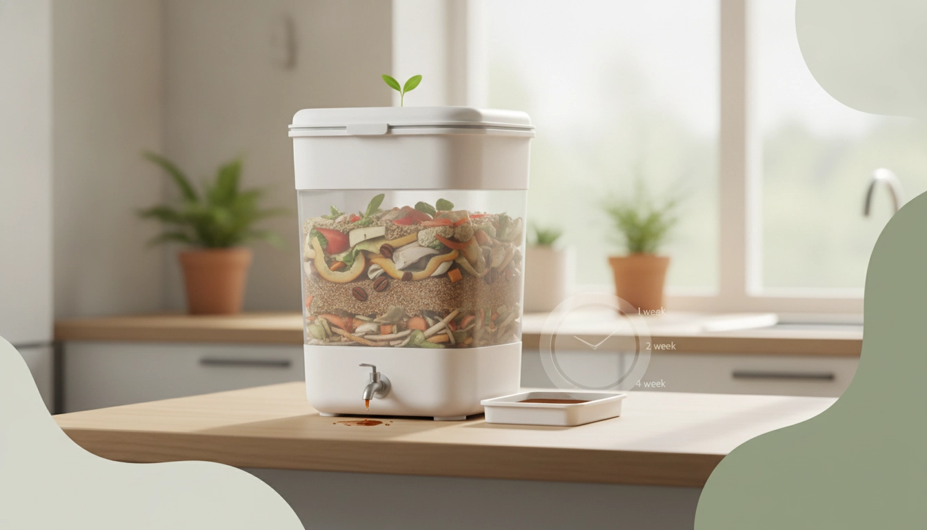 Un seau de compostage bokashi moderne dans une cuisine lumineuse, illustrant combien de temps dure la fermentation bokashi appartement.