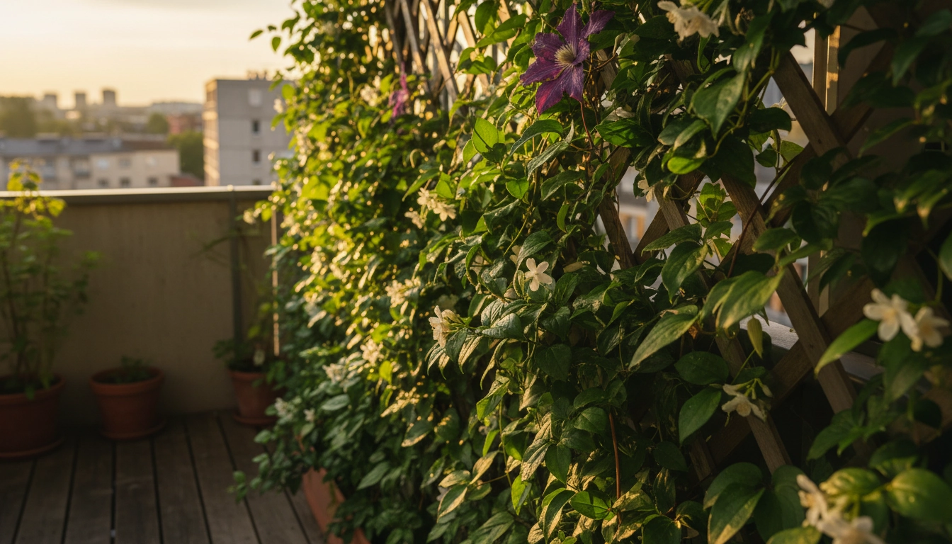 Plantes grimpantes balcon ombre écran végétal dense avec clématite et jasmin sur treillis en bois