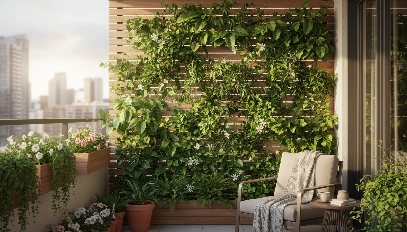 Balcon fleuri avec des plantes grimpantes formant un écran végétal dense pour l'ombre et l'intimité