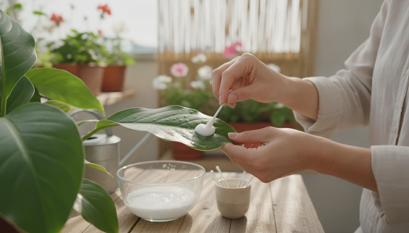 Nettoyage manuel des cochenilles sur une plante de balcon