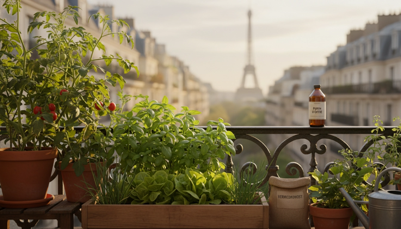 Engrais bio plantes comestibles balcon urbain : bouteille de purin d'ortie et vermicompost à côté de pots de tomates et herbes aromatiques sur un balcon parisien