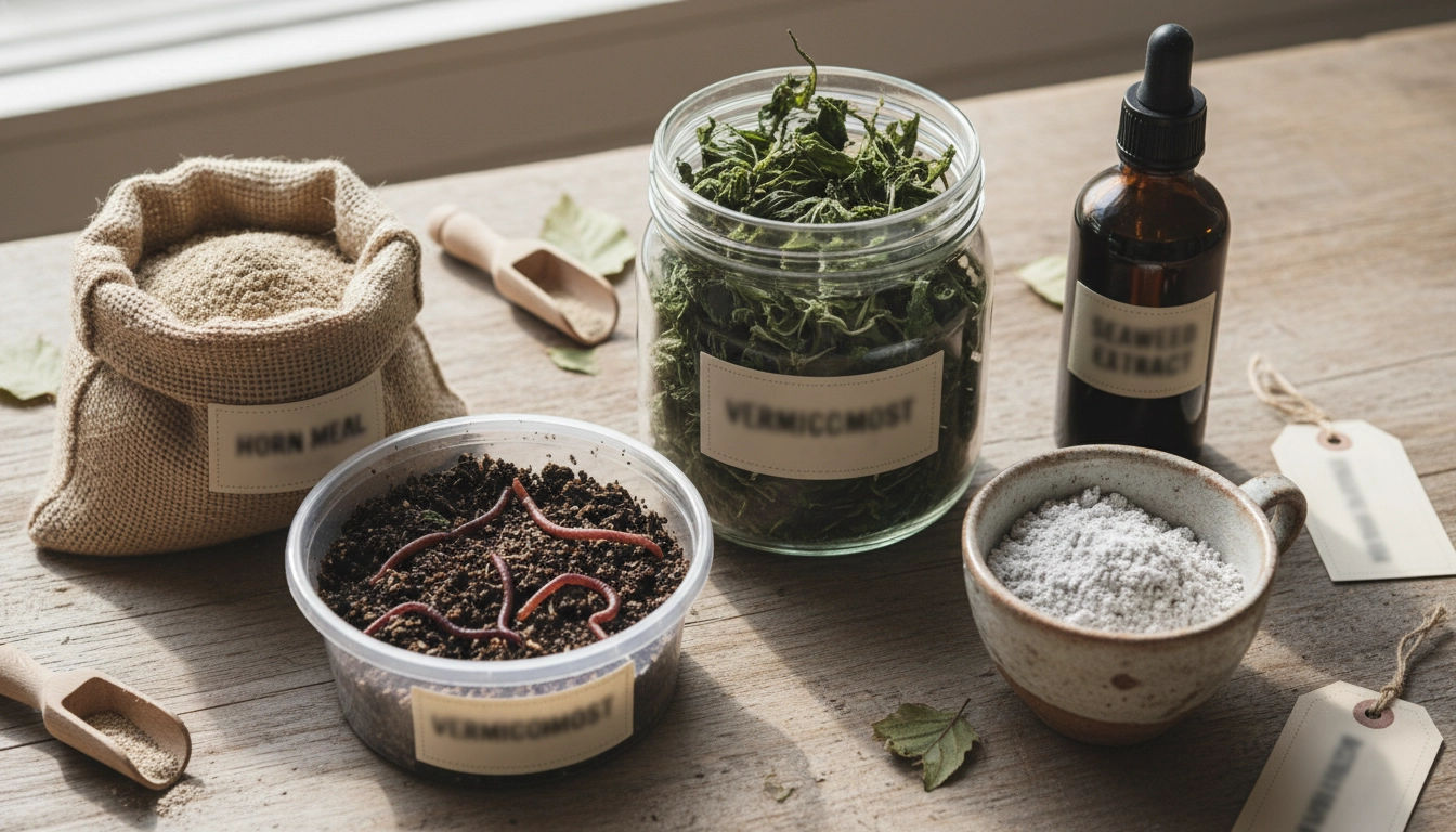 Différents engrais bio pour nourrir les plantes comestibles du balcon : farine de corne, vermicompost, extrait d'algues et cendre de bois disposés sur une surface en bois