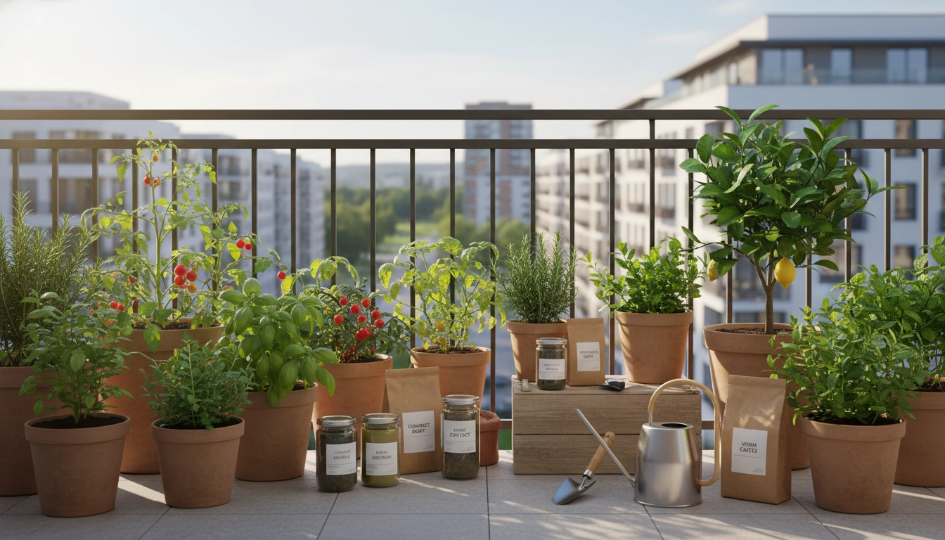 Engrais bio pour plantes comestibles balcon urbain : pots de tomates et herbes aromatiques sur un balcon avec des bouteilles de purin d'ortie