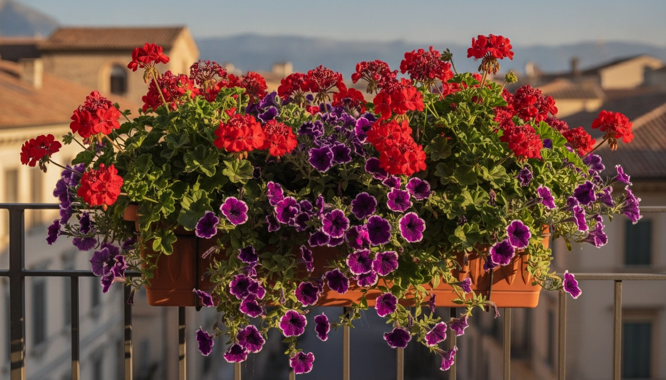 Jardinière fleurie avec un engrais pour géraniums et pétunias en balconnière bien choisi.