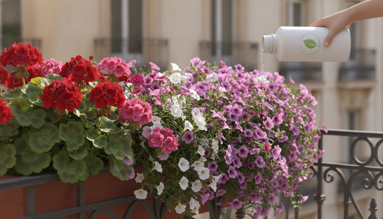 Gros plan sur des géraniums et pétunias en balconnière avec un engrais pour géraniums et pétunias en balconnière à proximité.