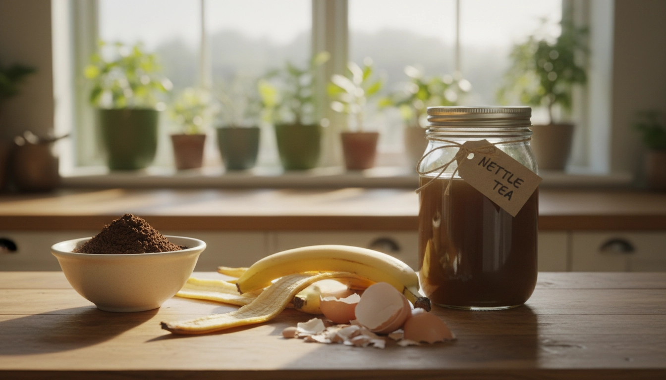 Ingrédients pour préparer un engrais naturel maison pour plantes de balcon : marc de café, pelures de banane et coquilles d'œufs
