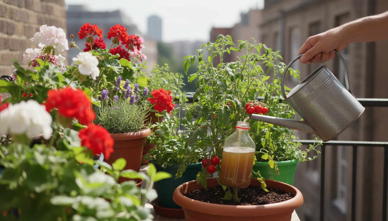 Application d'un engrais naturel maison pour plantes de balcon sur des tomates cerises et des géraniums en bac