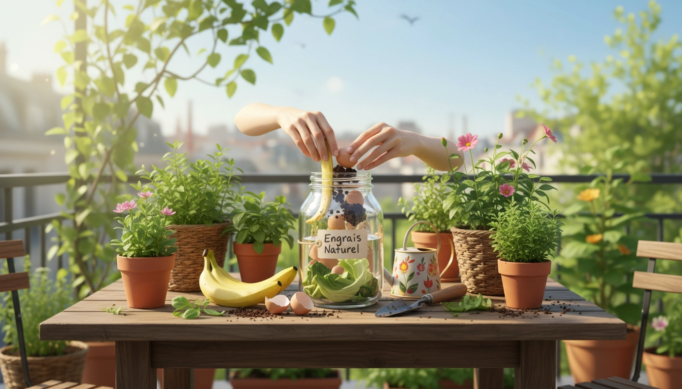 Préparation d'un engrais naturel maison pour plantes de balcon à base de marc de café et d'épluchures