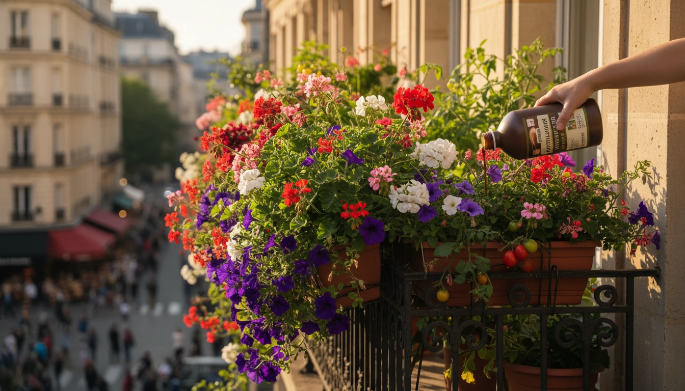 Balcon fleuri avec des jardinières de géraniums et pétunias nourris avec un engrais plantes balcon liquide