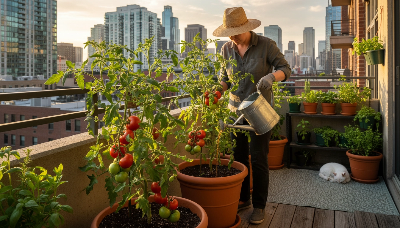Tomates en pot sur balcon urbain lors d'un apport d'engrais pour une récolte généreuse en jardinage urbain