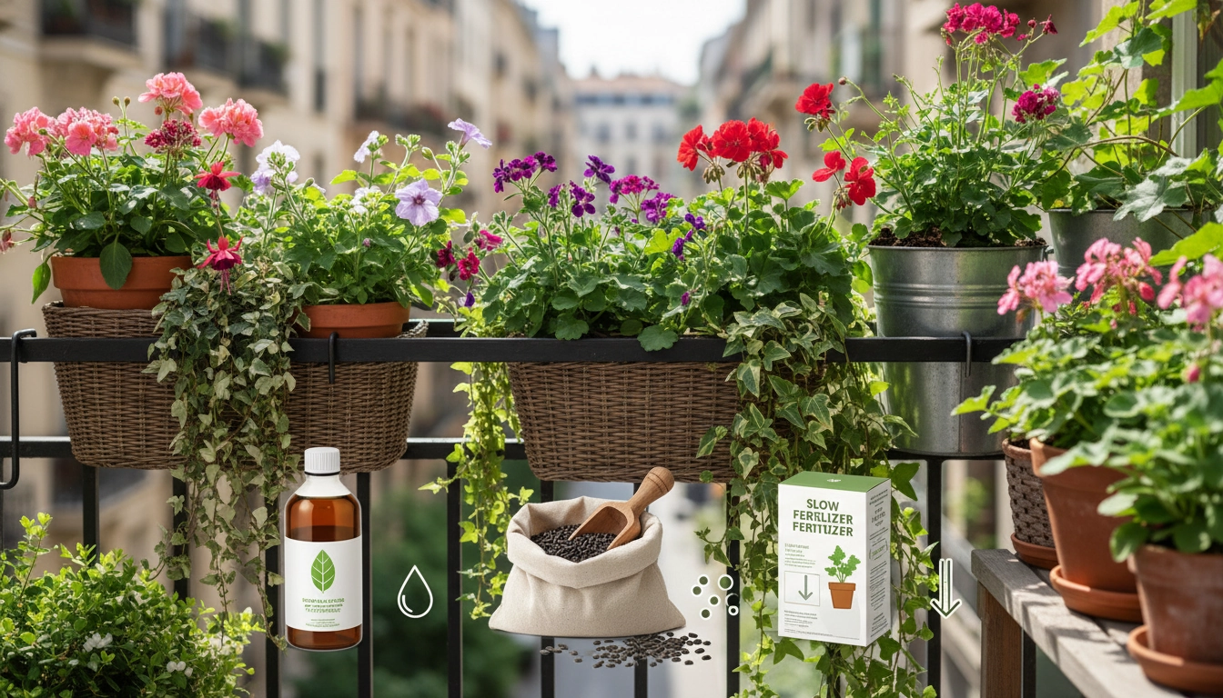 Différents types d'engrais plantes balcon disposés sur une table de jardin avec des jardinières fleuries en arrière-plan