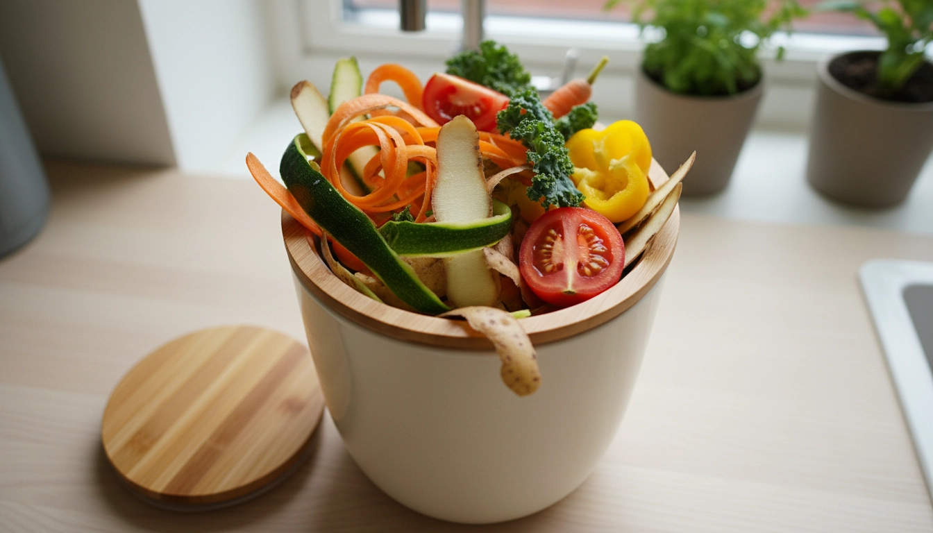 Bac à compost de cuisine rempli d'épluchures de légumes compostables en appartement, posé sur un plan de travail en bois