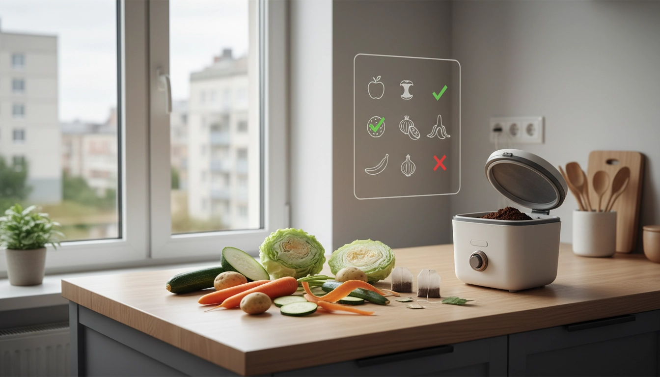 Composteur d'appartement rempli d'épluchures de légumes frais et colorés sur un balcon urbain