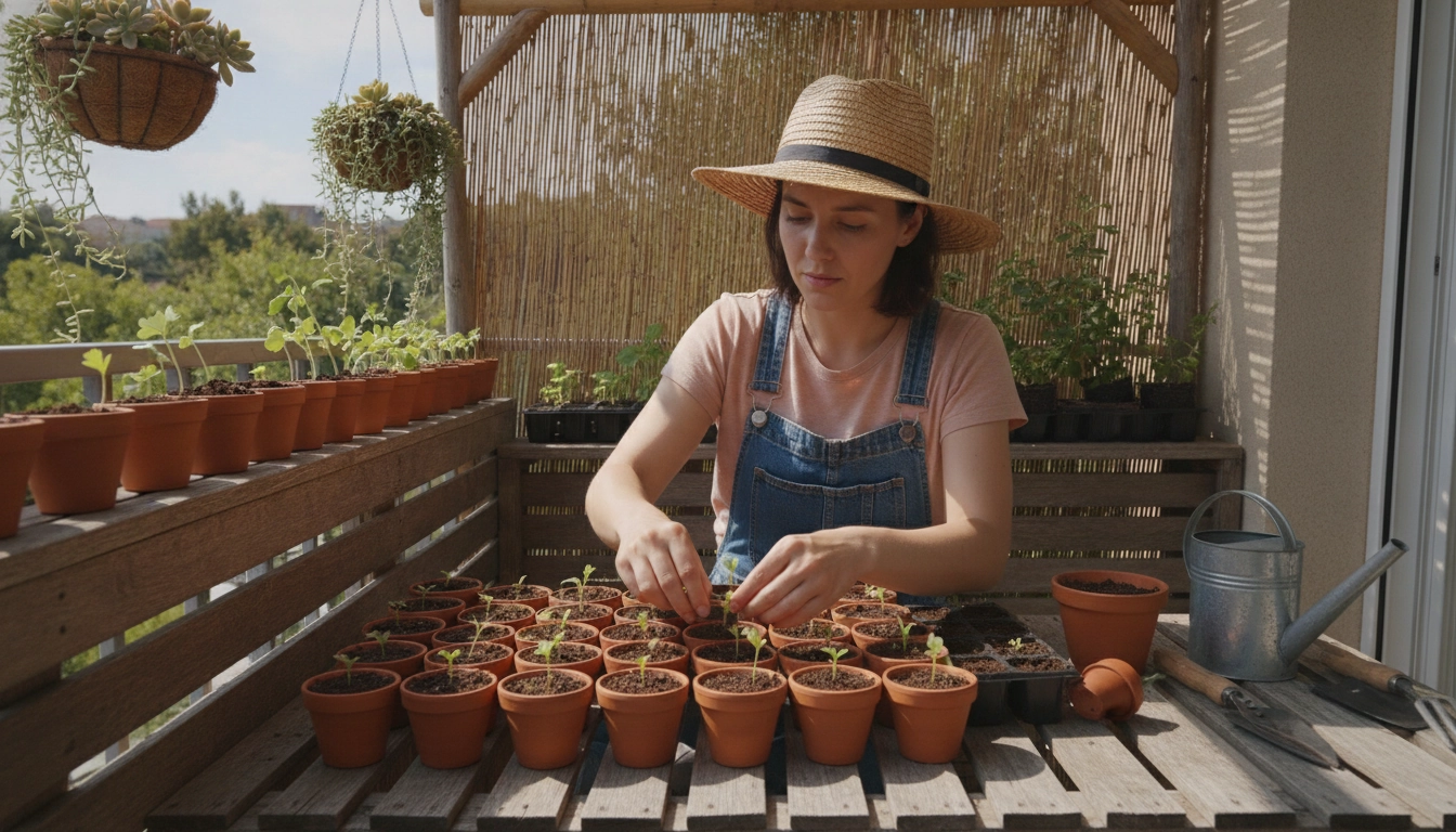 Jardinier urbain effectuant un repiquage pour éviter les erreurs courantes débutants mini serre balcon.