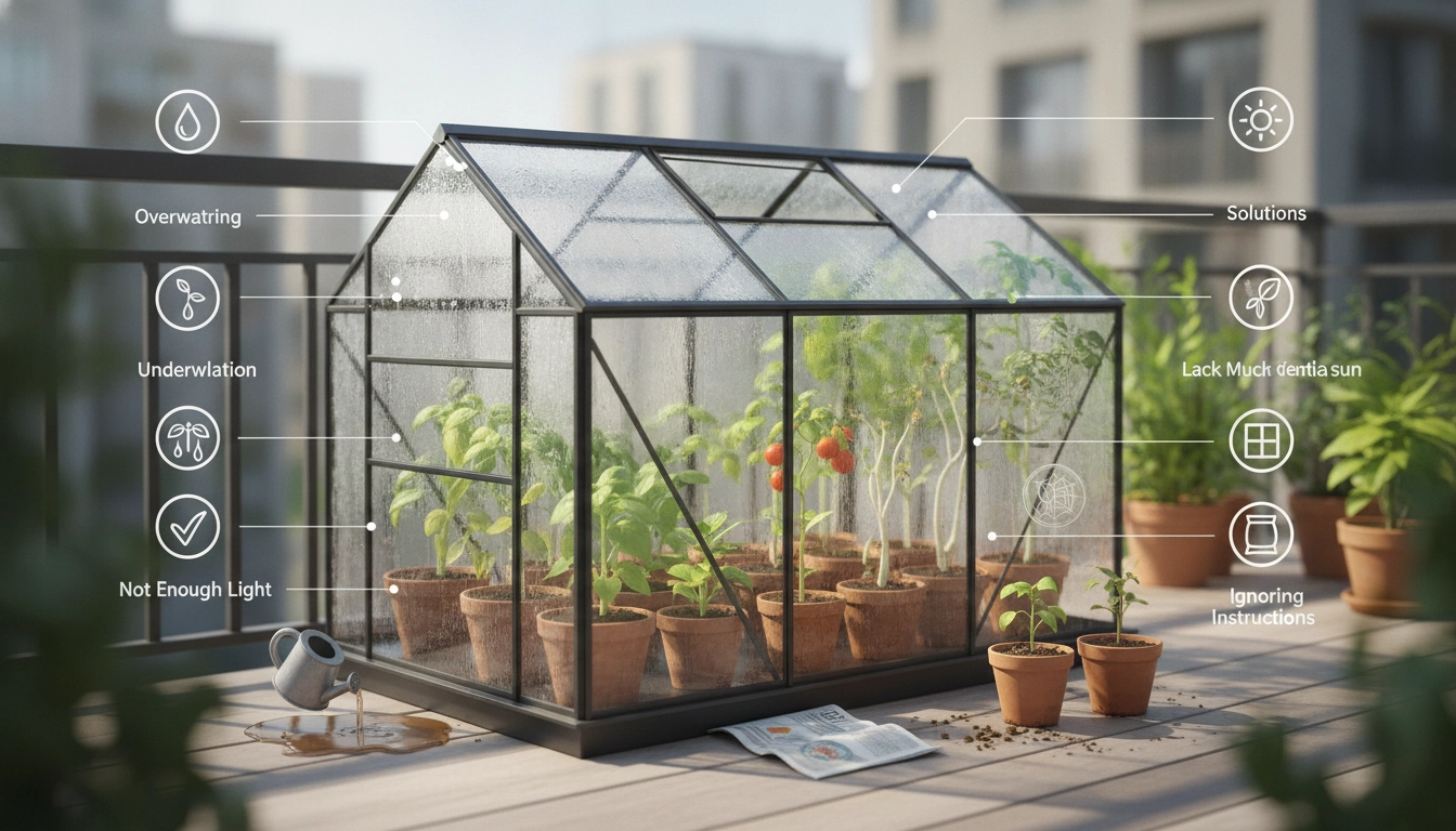 Une mini serre de balcon bien organisée avec des semis sains, illustrant comment éviter les erreurs courantes débutants mini serre balcon.