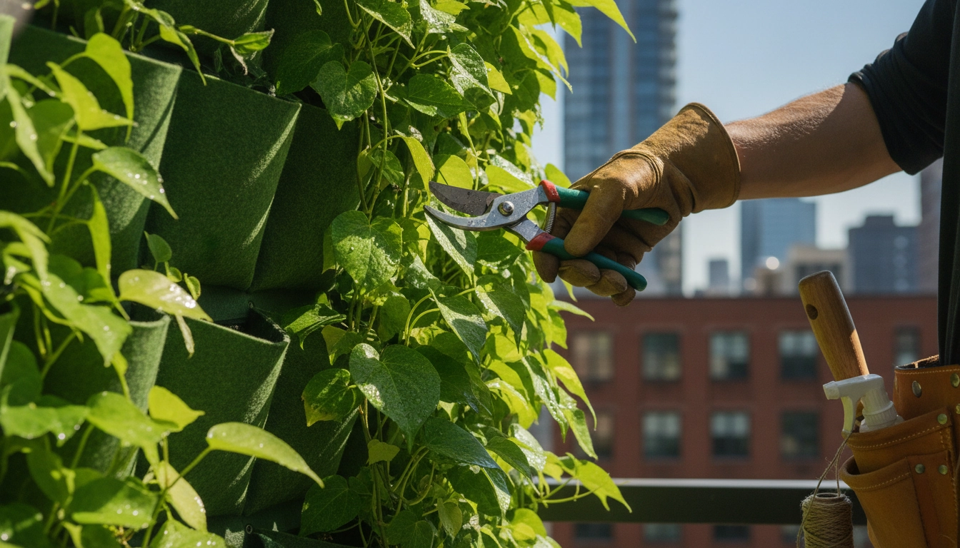 Entretien et taille d'un mur végétal sur un balcon