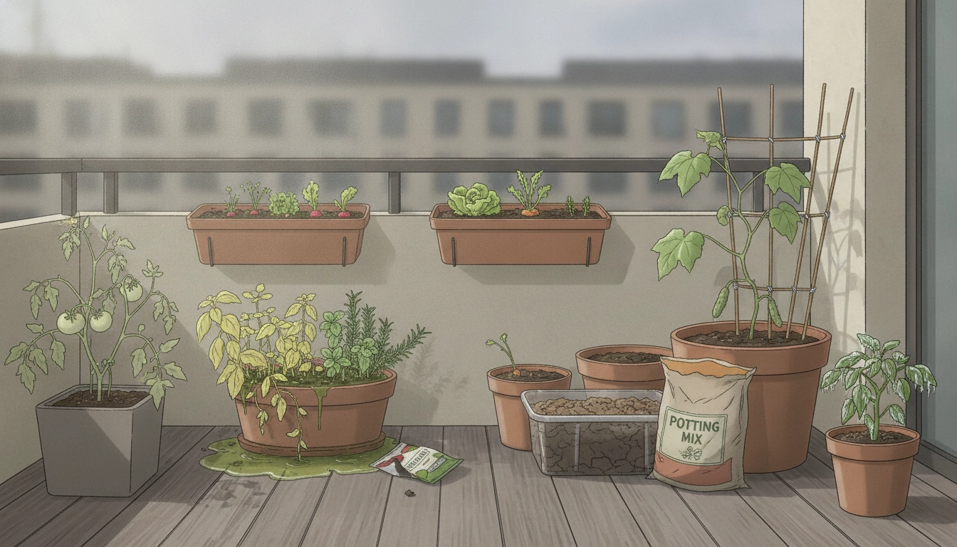 Un potager sur balcon urbain bien organisé malgré l'ombre, illustrant les erreurs fréquentes potager balcon exposition nord à éviter.